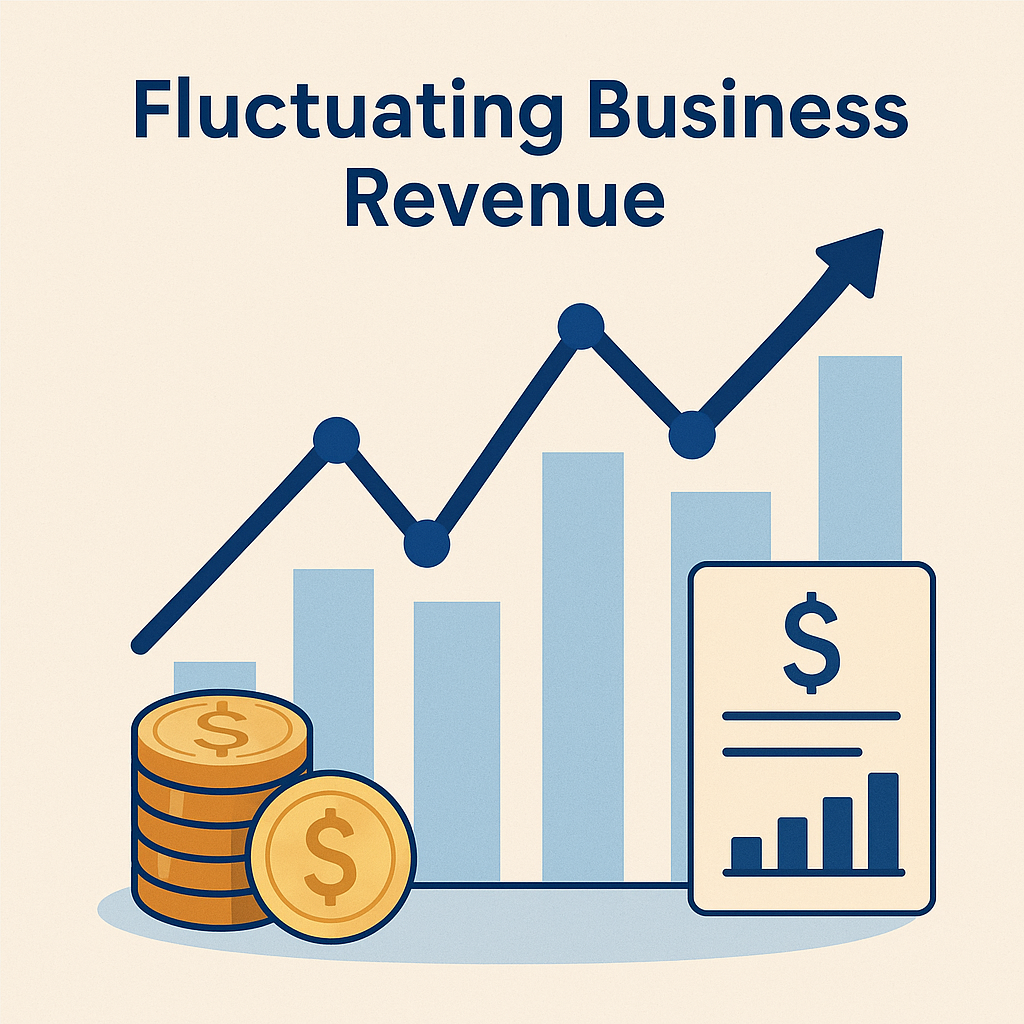 Illustration showing a rising and falling line graph with bar charts, coins, and a financial document, representing a business with fluctuating revenue.
