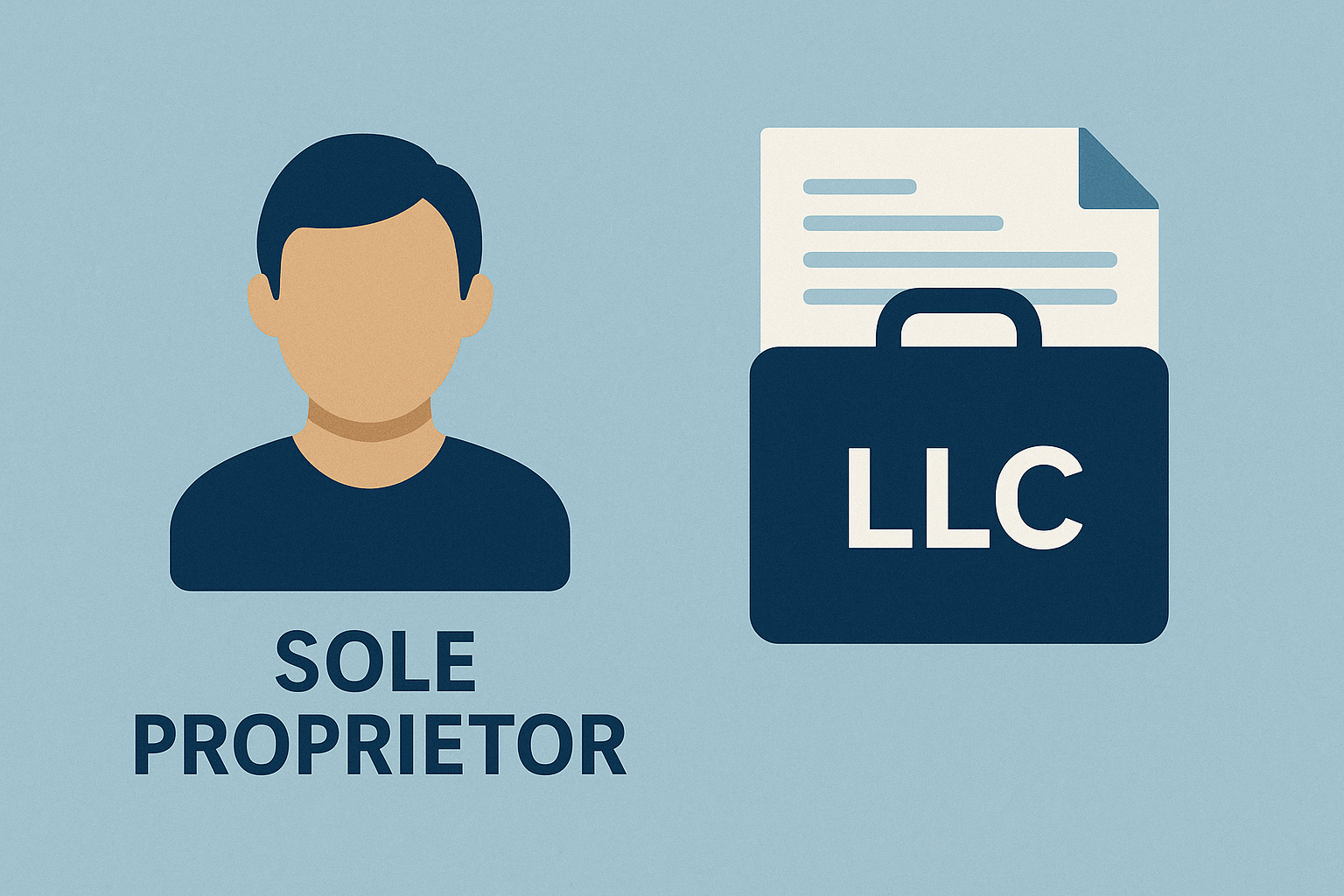 Illustration showing a sole proprietor icon next to an LLC briefcase and document, representing a business switching from sole proprietorship to an LLC for loan eligibility.